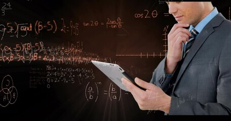 Animation of data processing and mathematical equations over businessman using tablet - Powered by Adobe
