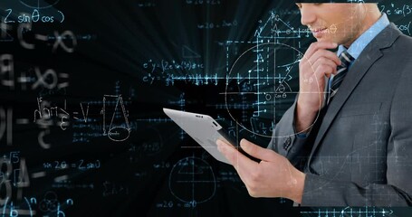 Animation of data processing and mathematical equations over businessman using tablet - Powered by Adobe