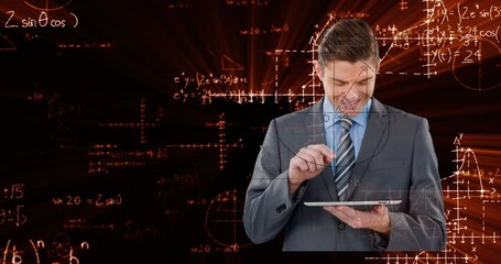 Animation of data processing and mathematical equations over businessman using tablet - Powered by Adobe