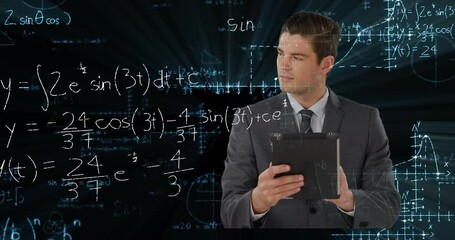 Animation of data processing and mathematical equations over businessman using tablet - Powered by Adobe