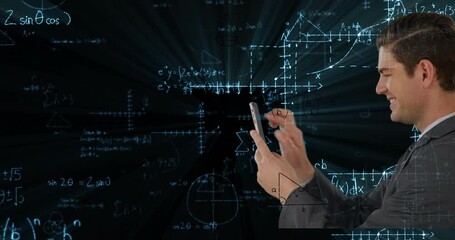 Animation of data processing and mathematical equations over businessman using tablet - Powered by Adobe