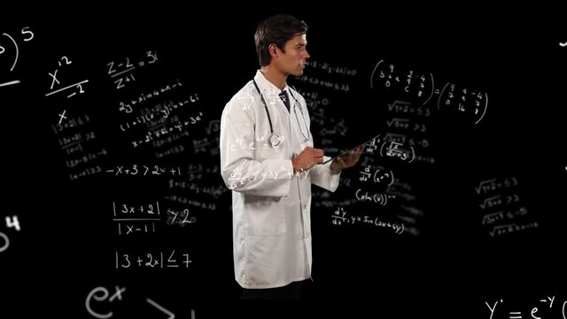 Animation of mathematical equations over male doctor using tablet