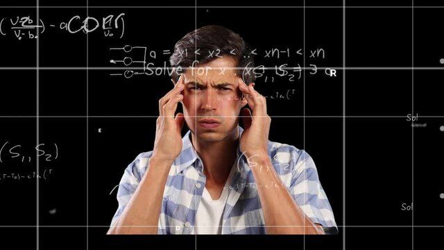 Animation of mathematical equations over stressed man thinking