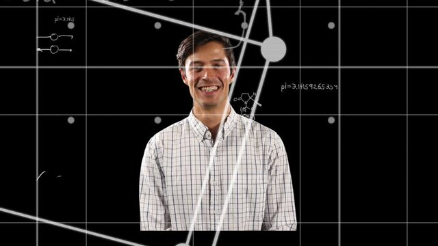 Animation of mathematical equations over happy man