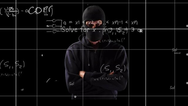 Animation of mathematical equations over hacker in balaclava