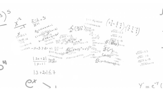 Animation of mathematical equations floating over white background