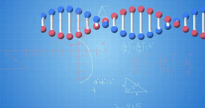 Animation of dna strand spinning, data processing and mathematical equations