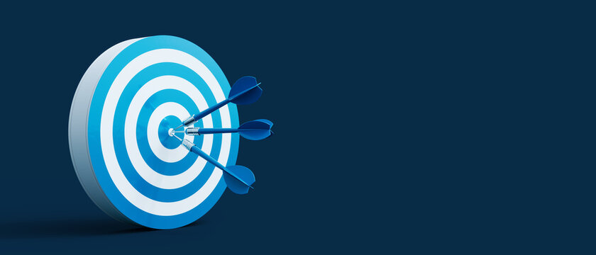 Blue Darts Arrows In The Center Of The Shooting Target. Business Targeting And Winning Concept On Dark Blue Background 3D Rendering, 3D Illustration