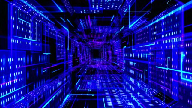 Abstract technological background 3D animation, moving through a futuristic digital cyberspace tunnel corridor or shaft loop. Great for scientific, technological, industrial, futuristic, sci-fi illust