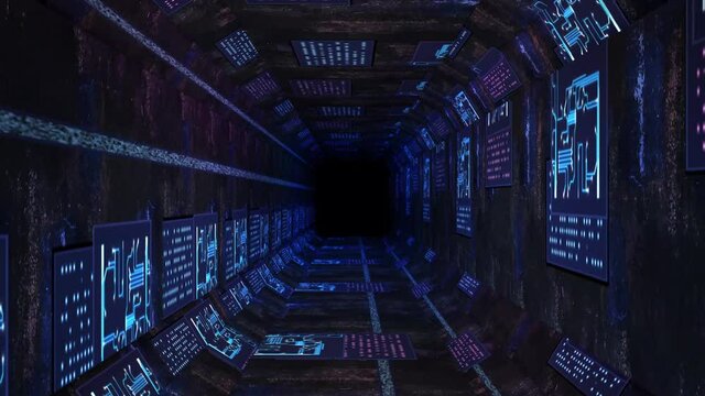 Abstract technological background 3D animation, moving through a futuristic digital cyberspace tunnel corridor or shaft loop. Great for scientific, technological, industrial, futuristic, sci-fi illust