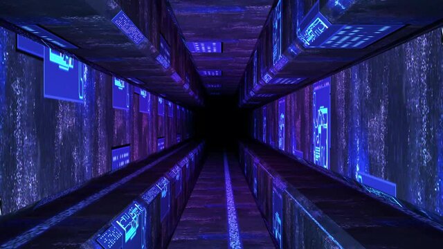 Abstract technological background 3D animation, moving through a futuristic digital cyberspace tunnel corridor or shaft loop. Great for scientific, technological, industrial, futuristic, sci-fi illust