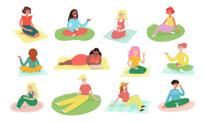 Vector set of summer picnic with trendypeople on nature