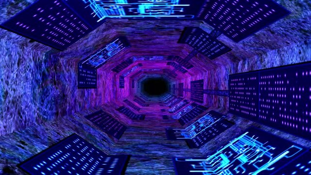 Abstract technological background 3D animation, moving through a futuristic digital cyberspace tunnel corridor or shaft loop. Great for scientific, technological, industrial, futuristic, sci-fi illust