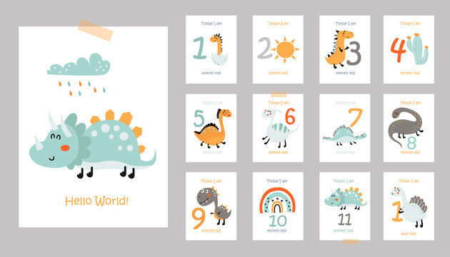 Monthly baby cards with cute dinosaurs.