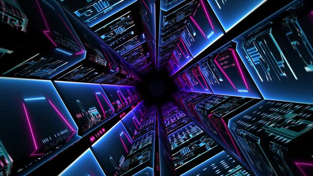 Abstract technological background 3D animation, moving through a futuristic digital cyberspace tunnel corridor or shaft loop. Great for scientific, technological, industrial, futuristic, sci-fi illust