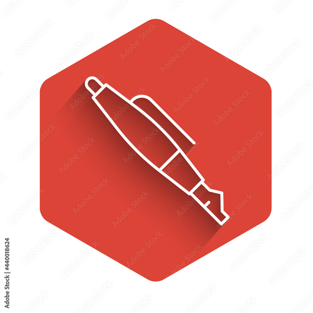 Poster white line fountain pen nib icon isolated with long shadow. pen tool sign. red hexagon button. vecto
