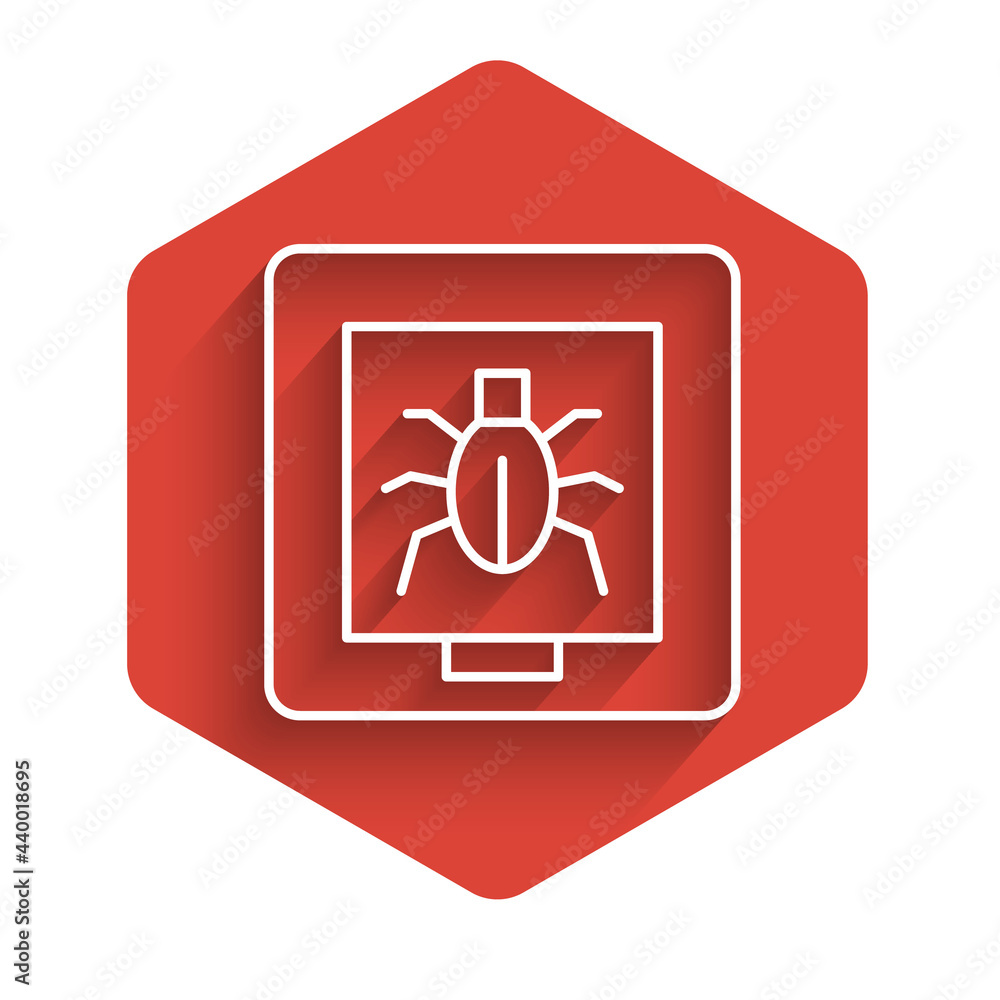 Poster white line insects in a frame icon isolated with long shadow. herbarium. red hexagon button. vector