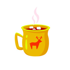 Vector illustration of hot chocolate with marshmallows, in a yellow cup. Clip art.