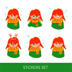 A set of face of a little red haired girl showing different emotions. Vector stickers. Emoji.
