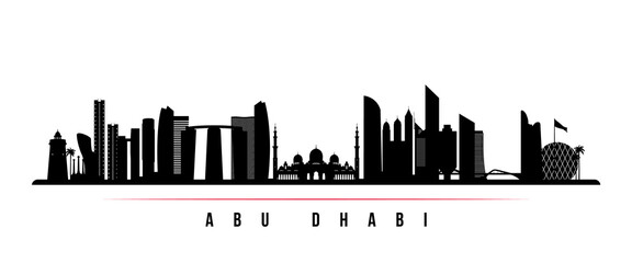 Abu Dhabi skyline horizontal banner. Black and white silhouette of Abu Dhabi, United Arab Emirates. Vector template for your design. - obrazy, fototapety, plakaty