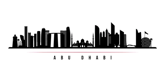 Fotobehang Abu Dhabi skyline horizontal banner. Black and white silhouette of Abu Dhabi, United Arab Emirates. Vector template for your design. © greens87