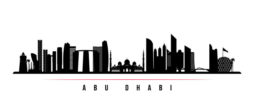 Abu Dhabi skyline horizontal banner. Black and white silhouette of Abu Dhabi, United Arab Emirates. Vector template for your design.