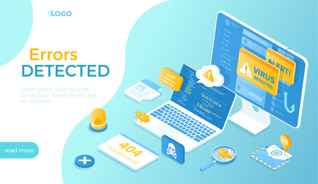 Errors detected. Computer viruses, Hacker attack, 404 error page not found. Alert messages, bugs, infected files, spam. Isometric vector illustration for website.