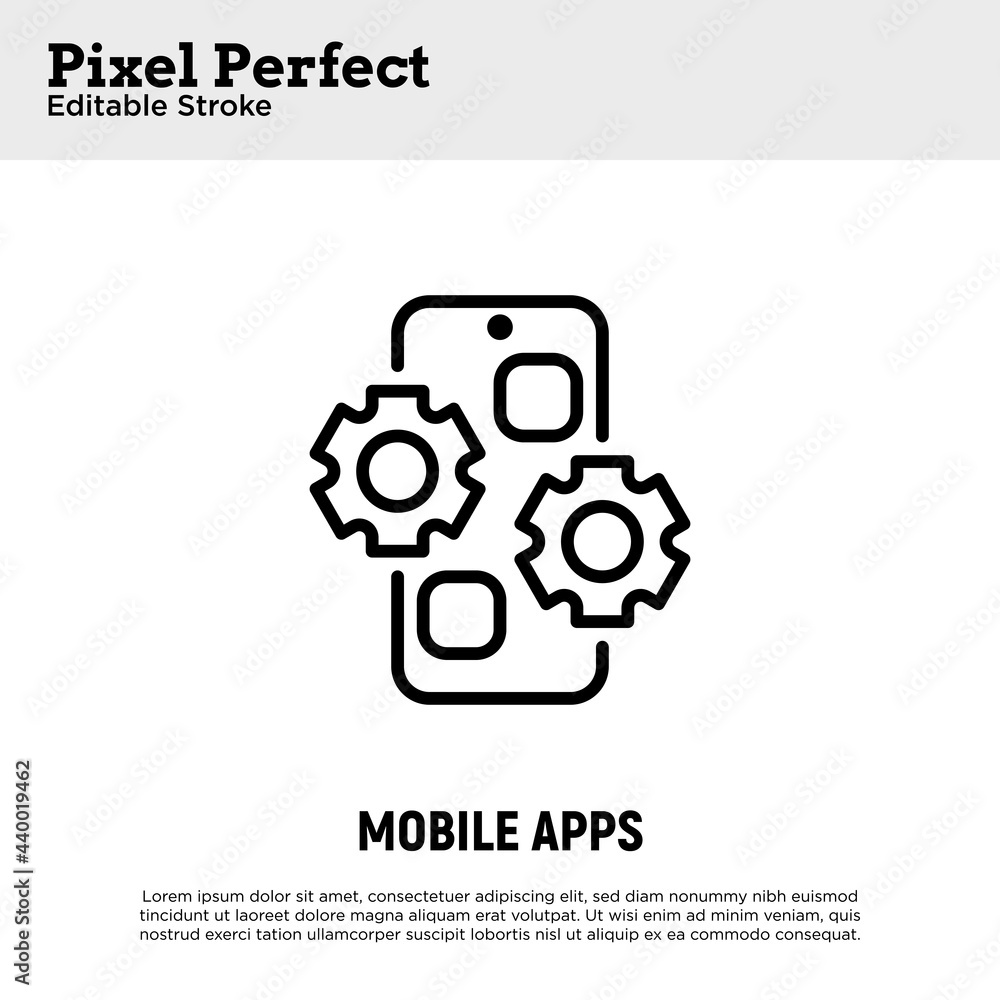 Poster web development thin line icon. mobile app. cogwheels on smartphone screen. pixel perfect, editable 