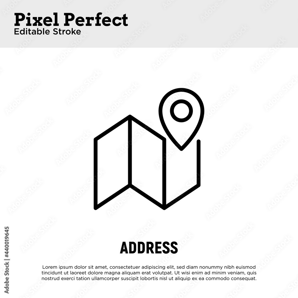Poster address: pointer on map thin line icon. direction, navigation. pixel perfect, editable stroke. vecto