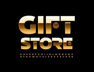 Vector decorative logo Gift Store. Glossy Gold Font. Premium style Alphabet Letters and Numbers set