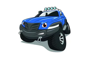 Poster angry blue SUV on a white background. Cartoon car. Isolate. © proton_l3