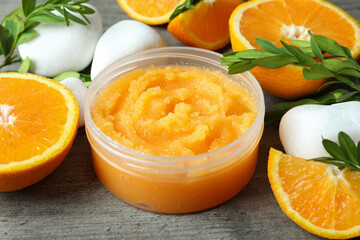 Skin care scrub concept on gray textured background