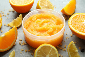 Skin care scrub concept on gray textured background