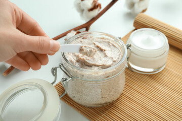 Skin care scrub concept on white background