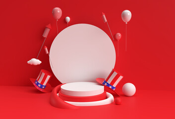 3D Render Scene of Minimal Podium Scene for Display Products Advertising Design. 4th of July USA Independence Day Concept.