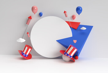 3D Render Scene of Minimal Podium Scene for Display Products Advertising Design. 4th of July USA Independence Day Concept. - obrazy, fototapety, plakaty