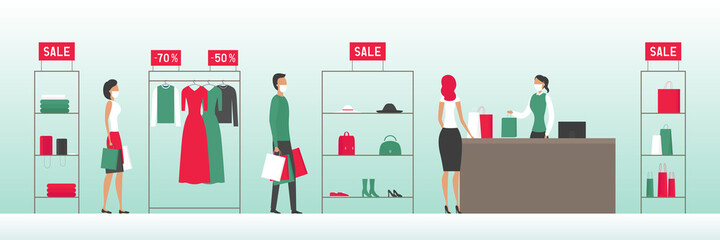 Obraz premium People in face masks standing in line. Sale. Vector illustration.