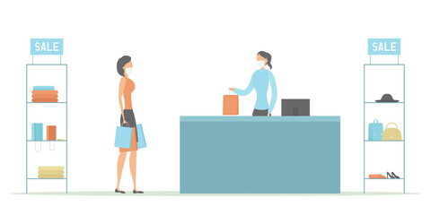 Buyer and cashier in protective masks. Sale 2021. Vector illustration.