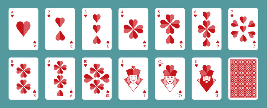 Deck of poker playing cards. Hearts. Stylized illustration on white background.
