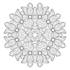 Decorative mandala with simple flowers,  striped patterns on a white isolated background. For coloring book pages.