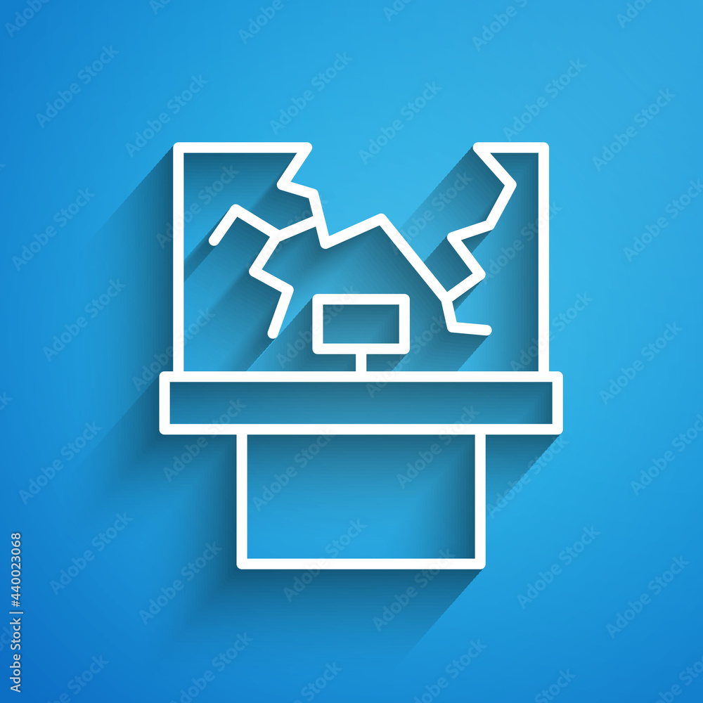 Poster white line broken window icon isolated on blue background. damaged window. beaten windowpane concept