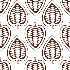 Botanical seamless pattern with hand drawn fruits and beans on a white background. Vector Cocoa beans illustration. Design packing for restaurant, shop, confectionery, culinary, cafe, cafeteria, bar.