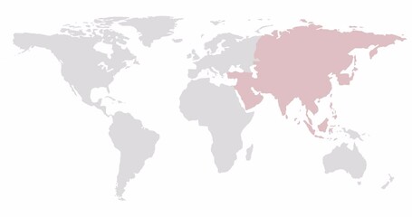 2D World map with red highlighting of Asia. Allocation of the mainland territory. Alpha channel. 4K - Powered by Adobe