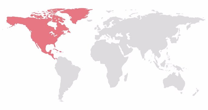 2D World map with red highlighting of North America. Allocation of the mainland territory. Alpha channel. 4K