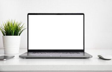 Laptop with a blank screen on white wooden table with the mouse, smartphone and grass flower