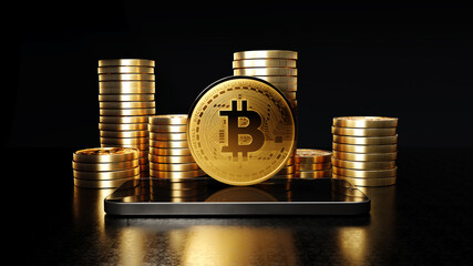 Blockchain cyptocurrency bitcoin btc with smartphone, Mobile phone next to stacks of bitcoins, 3d rendering