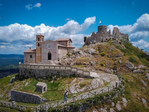 Aerial view of Rocca Frangipani in Tolfa village in Lazio, Italy