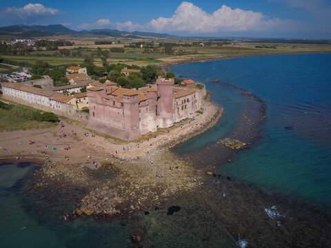 Aerial view of Santa Severa on the coast and the sea, Lazio, Italy