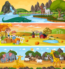 Set of different nature landscape at daytime scene with cartoon character