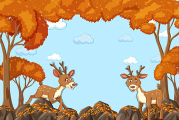 Deer cartoon character with blank autumn forest scene